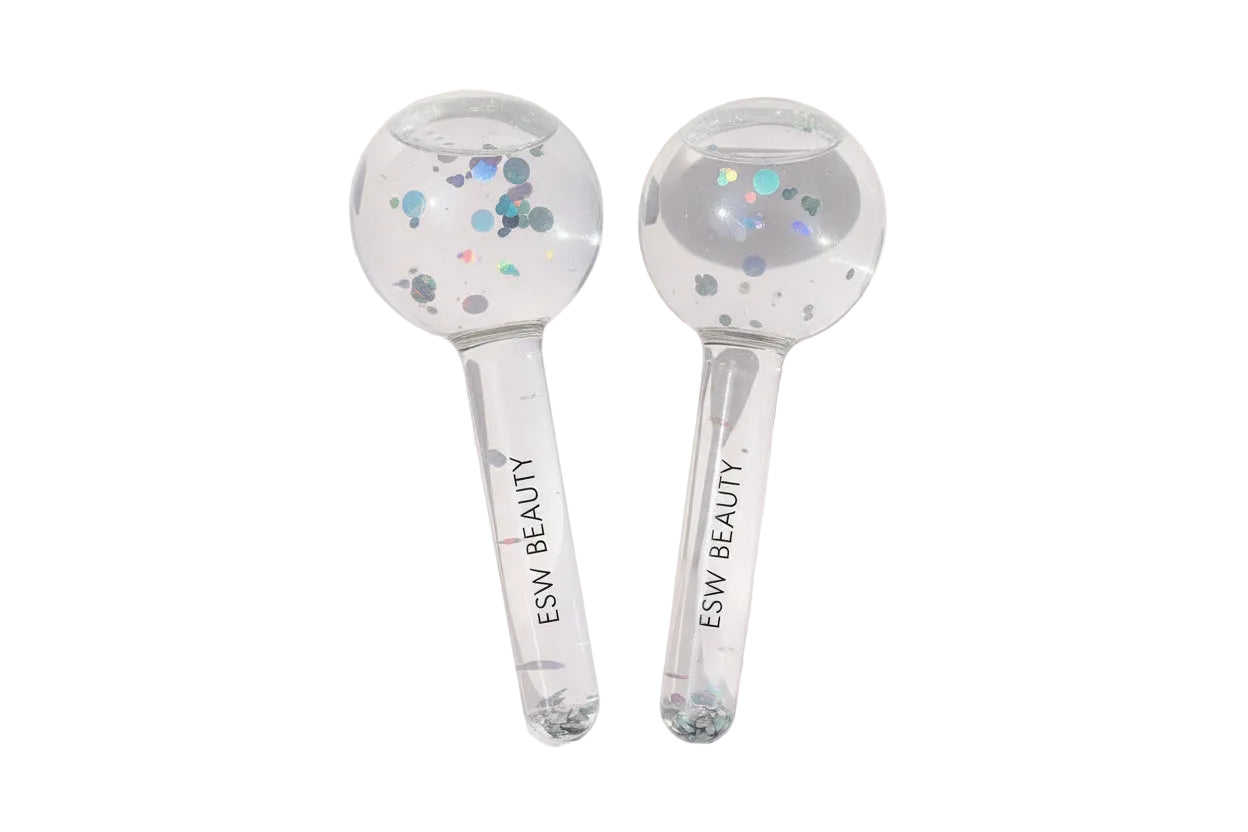 Close-up detail of iridescent glitter inside ESW Beauty Glacial Duo Ice Globes