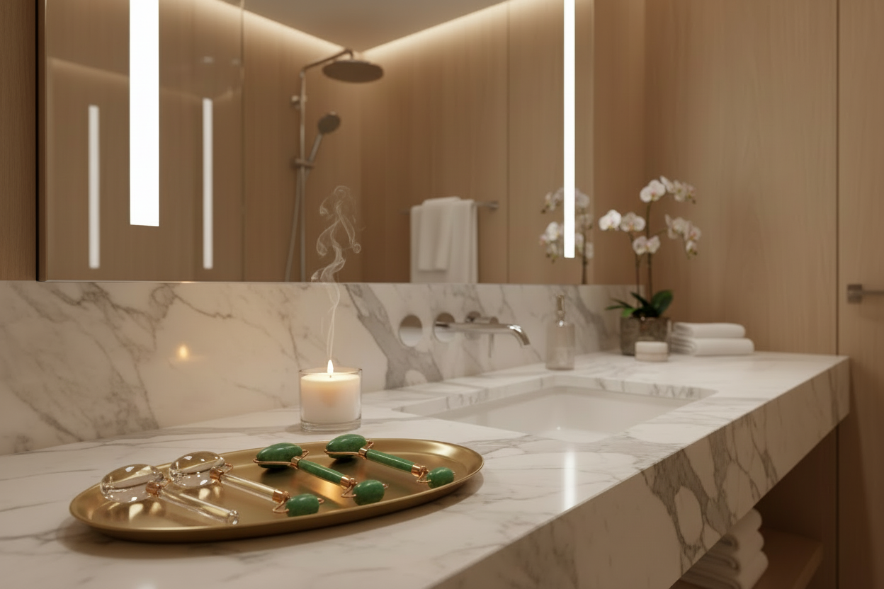 Luxury marble bathroom vanity featuring BlueOwnie Beauty jade gua sha tools on a gold decorative tray with a scented candle.