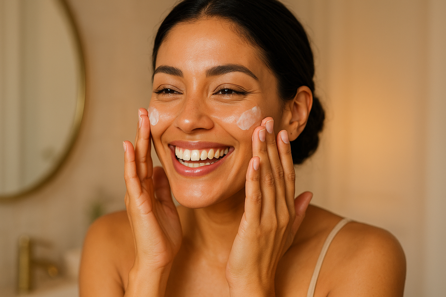 beautiful Hispanic woman smiling who looks like she is enjoying taking care of her skin..she is smiling 