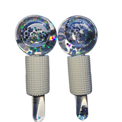 Main view of ESW Beauty Glacial Duo Ice Globes in clear glass with iridescent pink glitter - Professional cooling facial tools