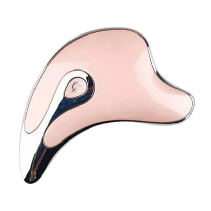 Pink and chrome electric Gua Sha facial massager tool for skincare and face lifting by BlueOwnie Beauty.